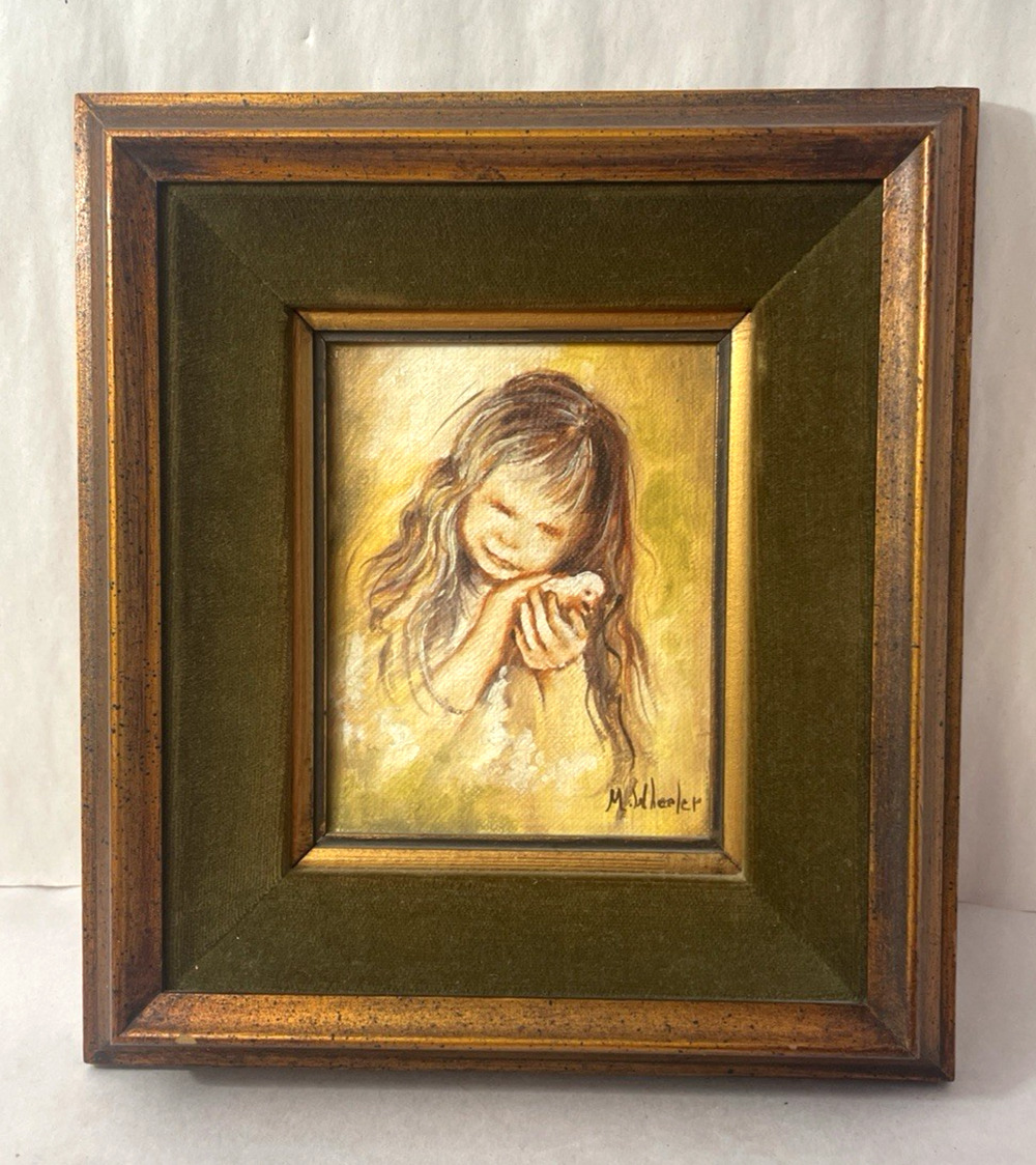 Vintage Mini Oil Painting Girl Hold bird Portrait Signed M Wheeler Framed